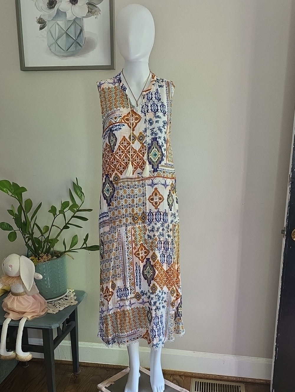 Coldwater Creek Sleeveless Maxi Dress in White, Blue & Brown Patchwork